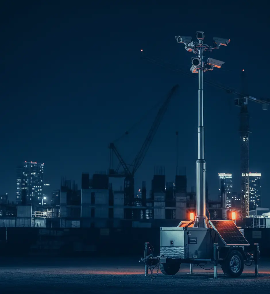Tour de vidéosurveillance mobile solaire autonome sur chantier de nuit - Technologie thermique et IA